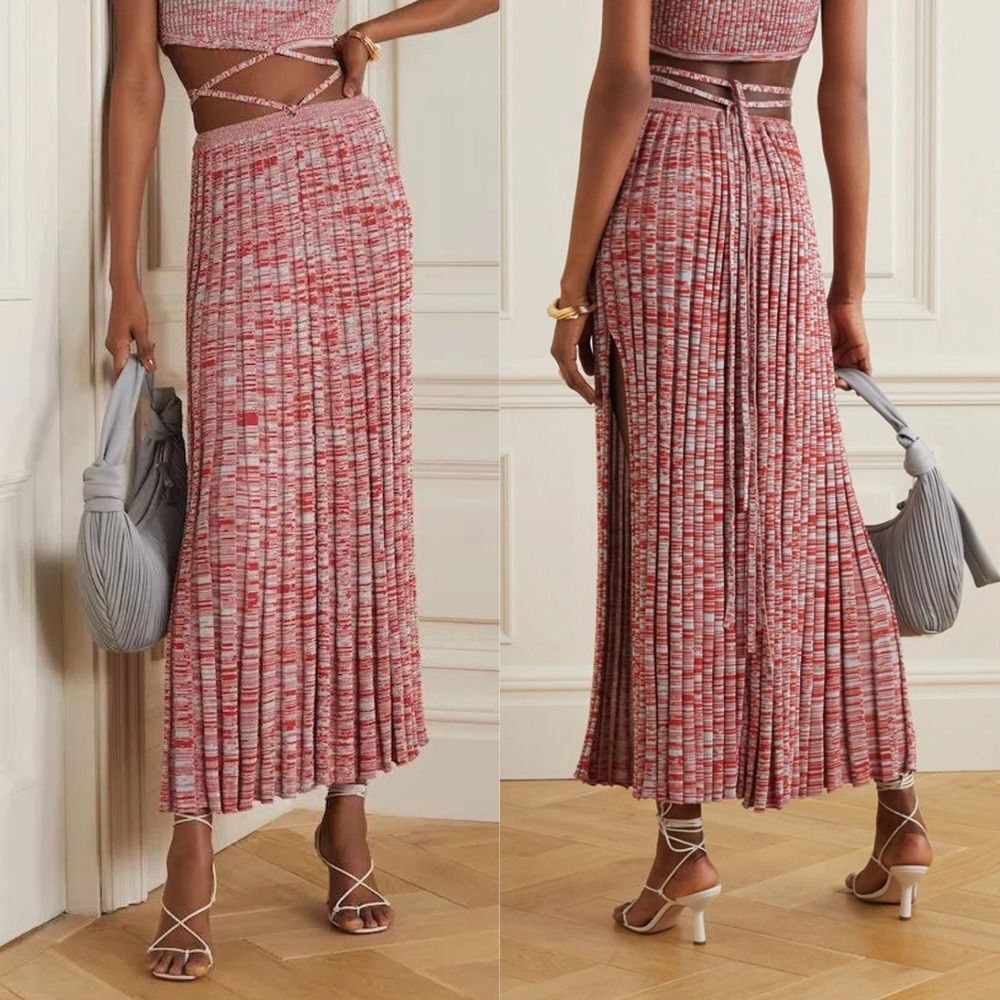 Christopher Esber Mélange Pleated Knit Tie Ribbed Maxi Skirt Red Medium Marled